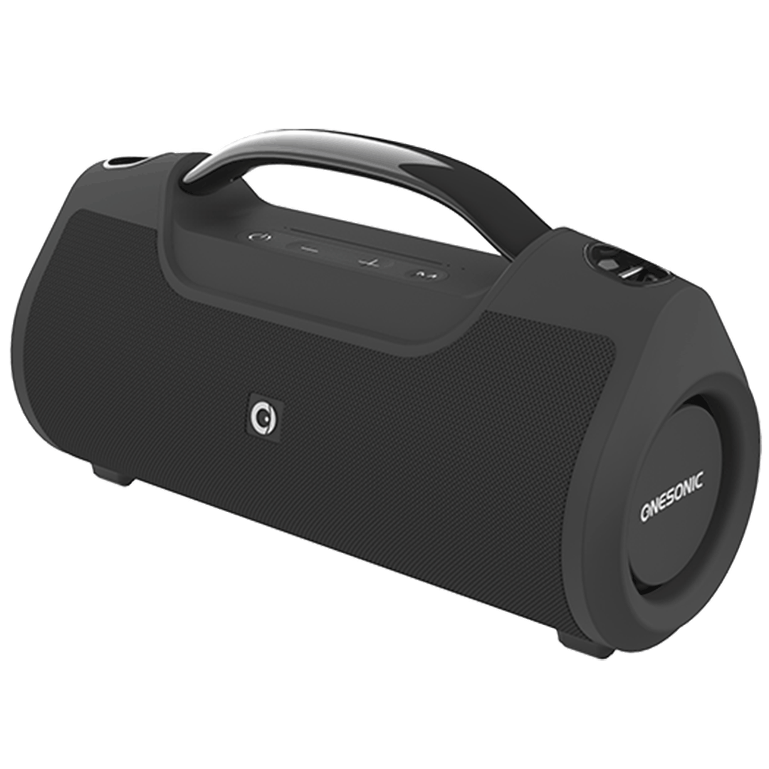 OneSonic Quattro Bluetooth speaker in black, angled view with carry handle
