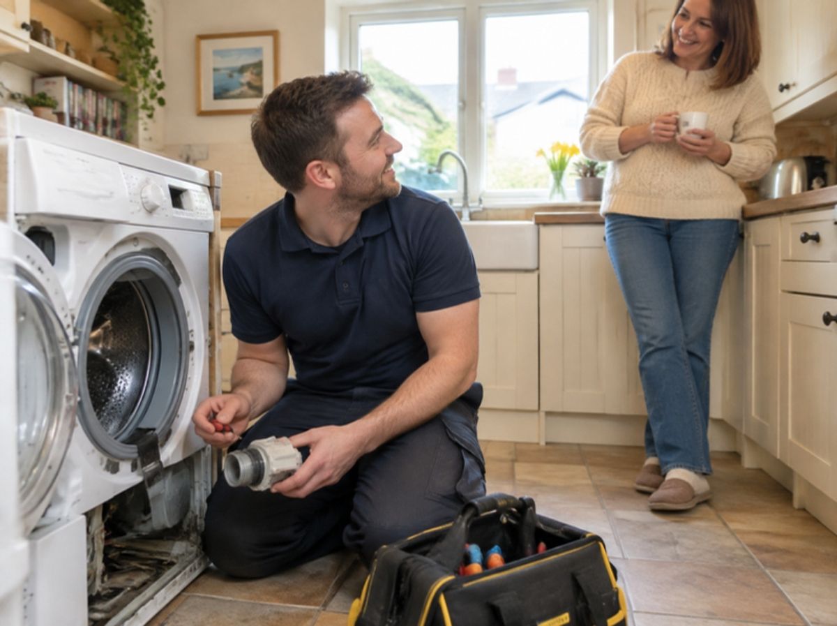 An engineer repairing a washing machine in a home kitchen