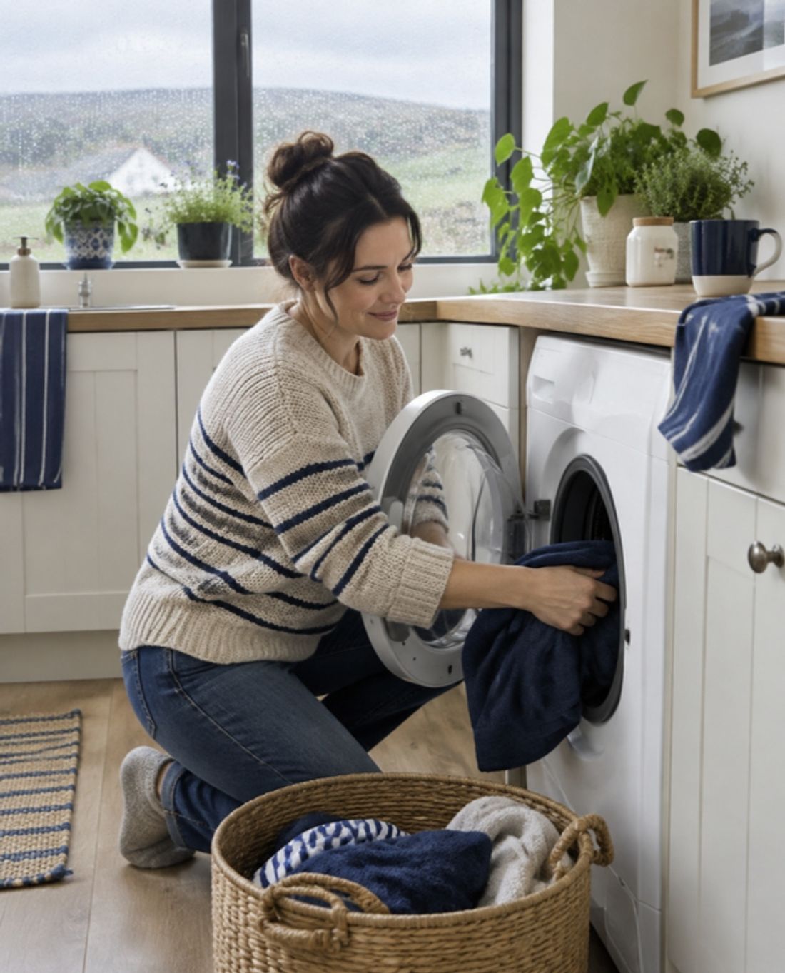 A woman loading a washing machine in a bright kitchen