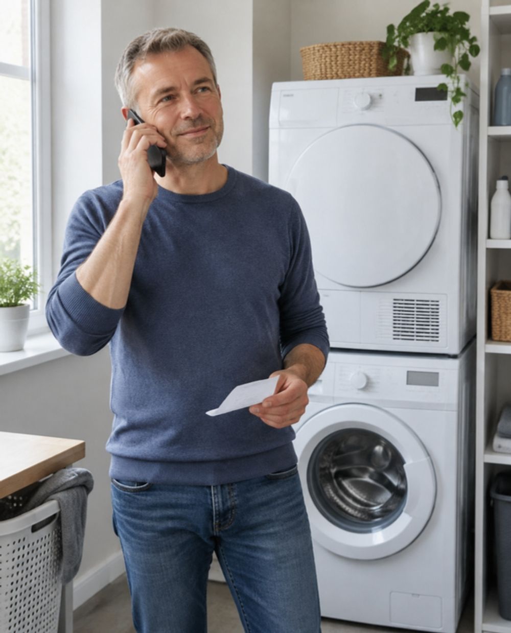 A man on the phone in his utility room, next to his washing machine and dryer